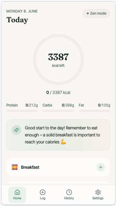 Matro home screen showing calories left for the day